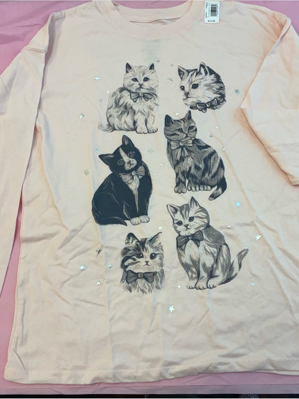 SO Light Pink Long Sleeve Tee Kitten Cat Graphic Shirt Top Fairy Retro NWT Sz XL